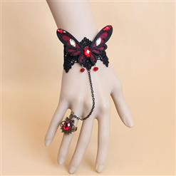 Gothic Black Lace Wristband Victorian Red Butterfly Embellishment Bracelet with Ring J17780