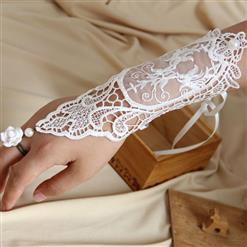 Vintage White Lace Long Wristband Victorian Bead Embellishment Bracelet with Ring J17784