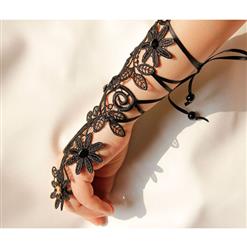 Gothic Black Floral Lace Long Wristband Victorian Flower Embellishment Bracelet J17789