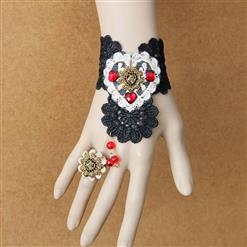 Vintage Bracelet, Gothic Bracelet, Black Lace Bracelet, Cheap Wristband, Victorian Bracelet, Gothic Red Beads Bracelet, Bracelet with Ring, #J17797