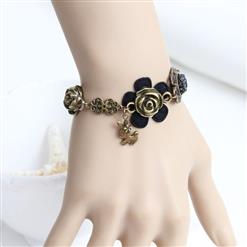 Gothic Bronze Chain Wristband Bronze Metal Floral Embellishment Bracelet J17809