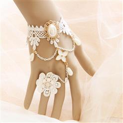 White Vintage Floral Lace Gem Wristband Metal Ring Bride Bracelet J17816