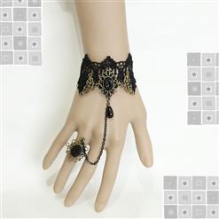 Victorian Gothic Black Lace Wristband Black Bead Embellishment Bracelet with Ring J17819