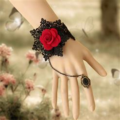 Victorian Gothic Black Floral Lace Wristband Red Rose Embellishment Bracelet with Ring J17820