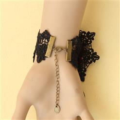 Victorian Gothic Black Floral Lace Wristband Red Rose Embellishment Bracelet with Ring J17820