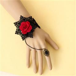 Victorian Gothic Black Floral Lace Wristband Red Rose Embellishment Bracelet with Ring J17820