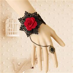 Victorian Gothic Black Floral Lace Wristband Red Rose Embellishment Bracelet with Ring J17820