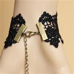 Gothic Black Lace Wristband Bronze Metal Heart Embellishment Bracelet with Ring J17824