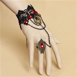 Gothic Black Lace Wristband Bronze Metal Heart Embellishment Bracelet with Ring J17824