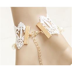 Vintage White Lace Wristband Victorian Pearl Embellishment Bracelet with Ring J17825