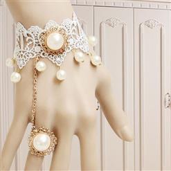 Vintage White Lace Wristband Victorian Pearl Embellishment Bracelet with Ring J17825