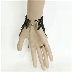 Victorian Gothic Black Lace Wristband Black Beads Embellishment Bracelet with Ring J17826