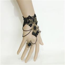 Victorian Gothic Black Lace Wristband Black Beads Embellishment Bracelet with Ring J17826