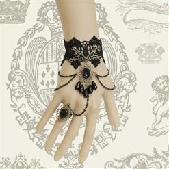 Victorian Gothic Black Lace Wristband Black Beads Embellishment Bracelet with Ring J17826