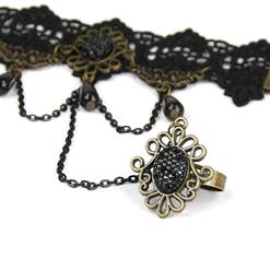 Victorian Gothic Black Lace Wristband Black Beads Embellishment Bracelet with Ring J17827