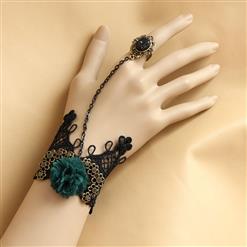 Victorian Gothic Black Lace Wristband Flower Embellishment Bracelet with Ring J17831