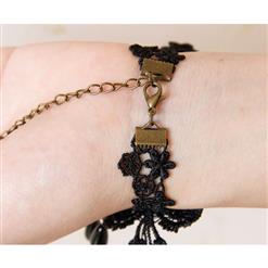 Gothic Black Floral Lace Wristband Rose Embellishment Bracelet with Ring J17835