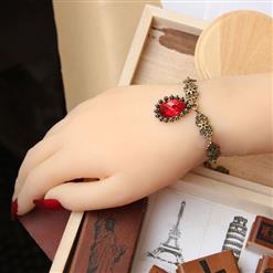 Gothic Bronze Metal Floral Chain Wristband Red Jewel Embellishment Bracelet J17837