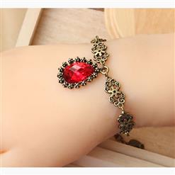 Gothic Bronze Metal Floral Chain Wristband Red Jewel Embellishment Bracelet J17837