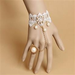 White Vintage Lace Pearl Wristband Metal Ring Bride Bracelet J17843