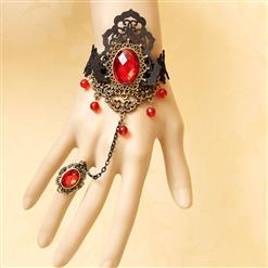 Fashion Black Gothic Vampire Lace Wristband Ruby Bracelet Metal Ring J17844