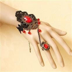 Fashion Black Gothic Vampire Lace Wristband Ruby Bracelet Metal Ring J17844