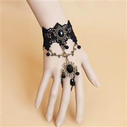 Fashion Black Gothic Lace Wristband Leaf Metal Bracelet with Ring J17847