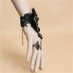 Fashion Black Gothic Lace Wristband Fur Rose Bracelet with Ring J17849