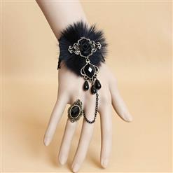 Fashion Black Gothic Lace Wristband Fur Rose Bracelet with Ring J17849