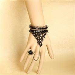 Gothic Black Floral Lace Wristband Victorian Bracelet with Ring J17859
