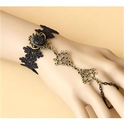 Gothic Black Floral Lace Wristband Bronze Metal Embellishment Bracelet J17867