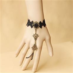 Gothic Black Floral Lace Wristband Bronze Metal Embellishment Bracelet J17867