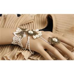 Victorian Lace Wristband Gem Embellishment Bracelet with Ring J17870