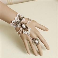 Victorian Lace Wristband Gem Embellishment Bracelet with Ring J17870