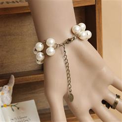 Vintage Embroidery Flower Pearl Wristband Metal Ring Bracelet J17871