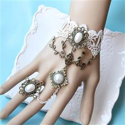 Vintage White Lace Wristband Pearl Metal Leaf Bracelet with Ring J17873