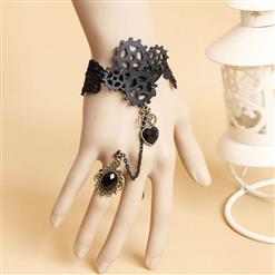 Fashion Black Gothic Punk Style Lace Wristband Gear Bracelet with Ring J17882