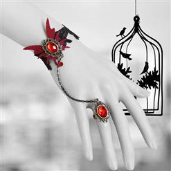 Gothic Black Floral Lace Wristband Ruby Bracelet with Ring J17884