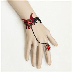 Gothic Black Floral Lace Wristband Ruby Bracelet with Ring J17884