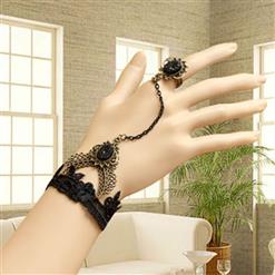 Victorian Gothic Black Floral Lace Wristband Gem Embellishment Bracelet with Ring J17887