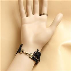 Victorian Gothic Black Floral Lace Wristband Gem Embellishment Bracelet with Ring J17887