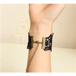 Victorian Gothic Black Floral Lace Wristband Red Rose Embellishment Bracelet with Ring J17888