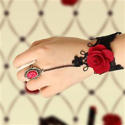 Victorian Gothic Black Floral Lace Wristband Red Rose Embellishment Bracelet with Ring J17888