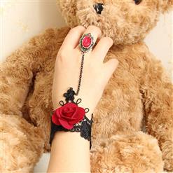 Victorian Gothic Black Floral Lace Wristband Red Rose Embellishment Bracelet with Ring J17888