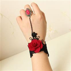 Victorian Gothic Black Floral Lace Wristband Red Rose Embellishment Bracelet with Ring J17888