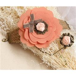 Vintage Braiding Wristband Elegant Flower Embellishment Bracelet with Ring J17889