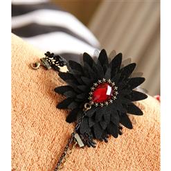 Victorian Gothic Black Lace Wristband Ruby Embellishment Bracelet with Ring J17890
