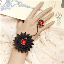 Victorian Gothic Black Lace Wristband Ruby Embellishment Bracelet with Ring J17890