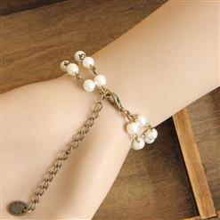 Vintage Elegance White Pearl Bronze Metal Rose Embellishment Bracelet J17899