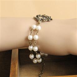 Vintage Elegance White Pearl Bronze Metal Rose Embellishment Bracelet J17899